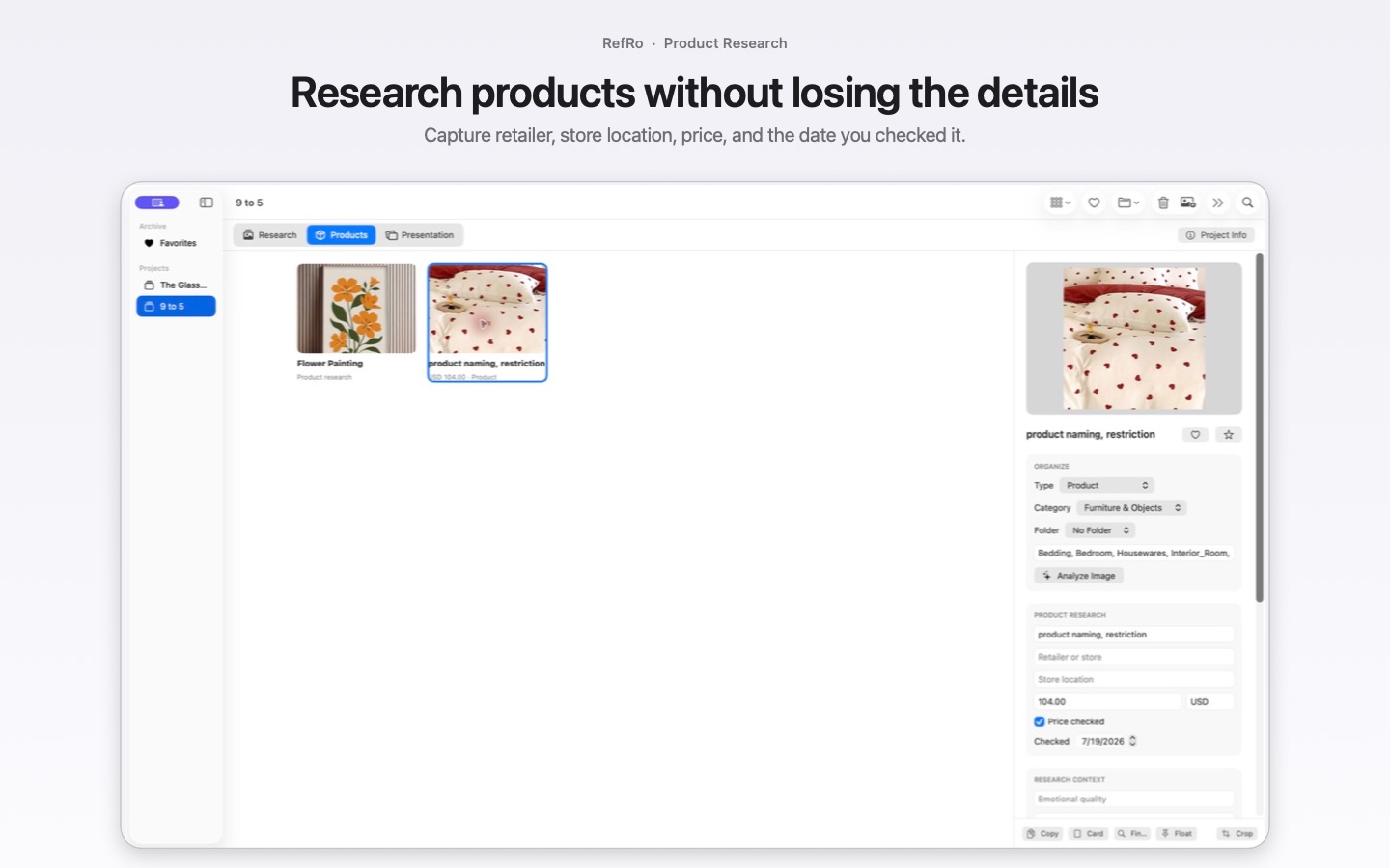 RefRo product research preserving retailer, store location, price, currency, and date checked.
