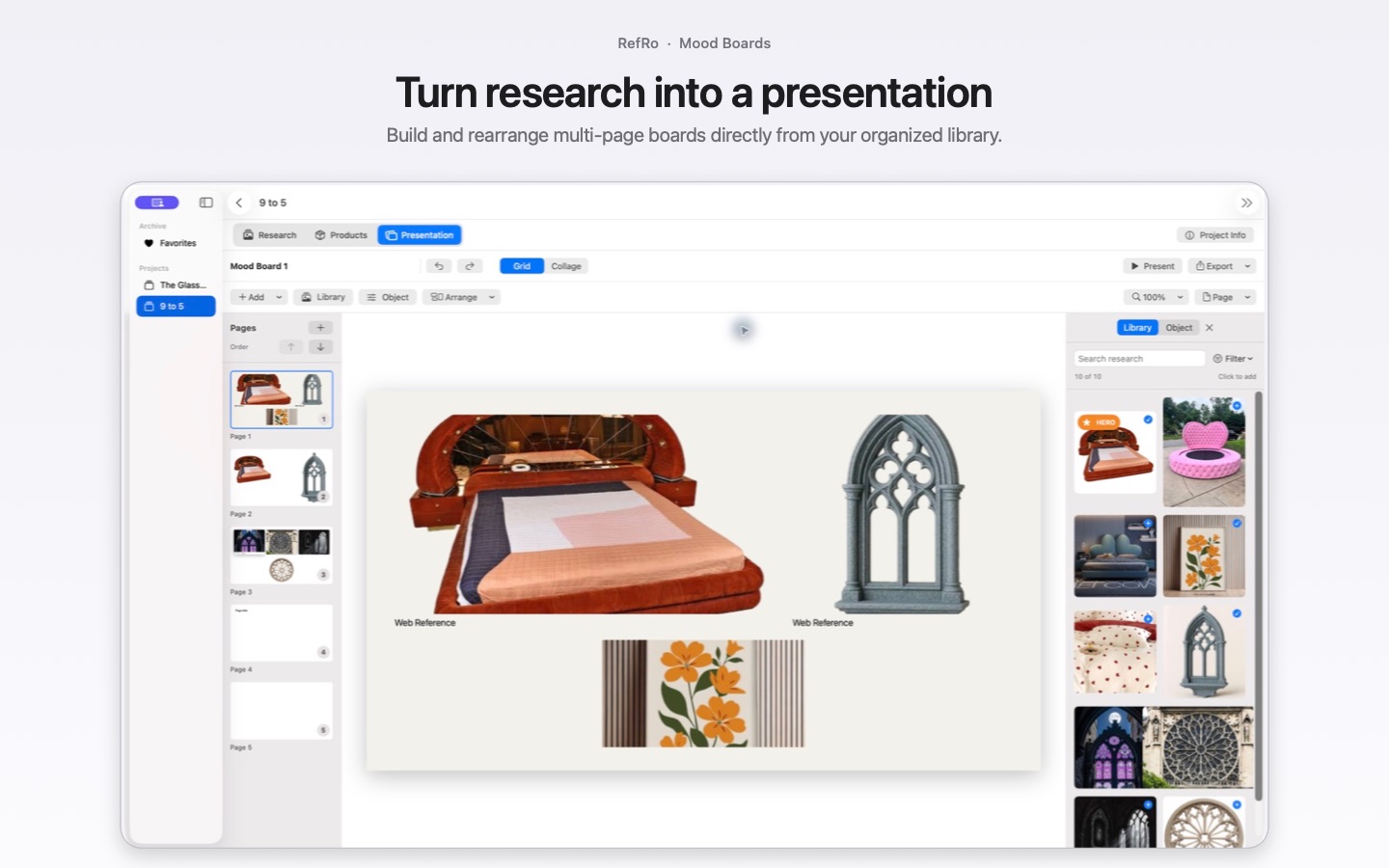 RefRo mood-board editor building a multi-page presentation from an organized research library.