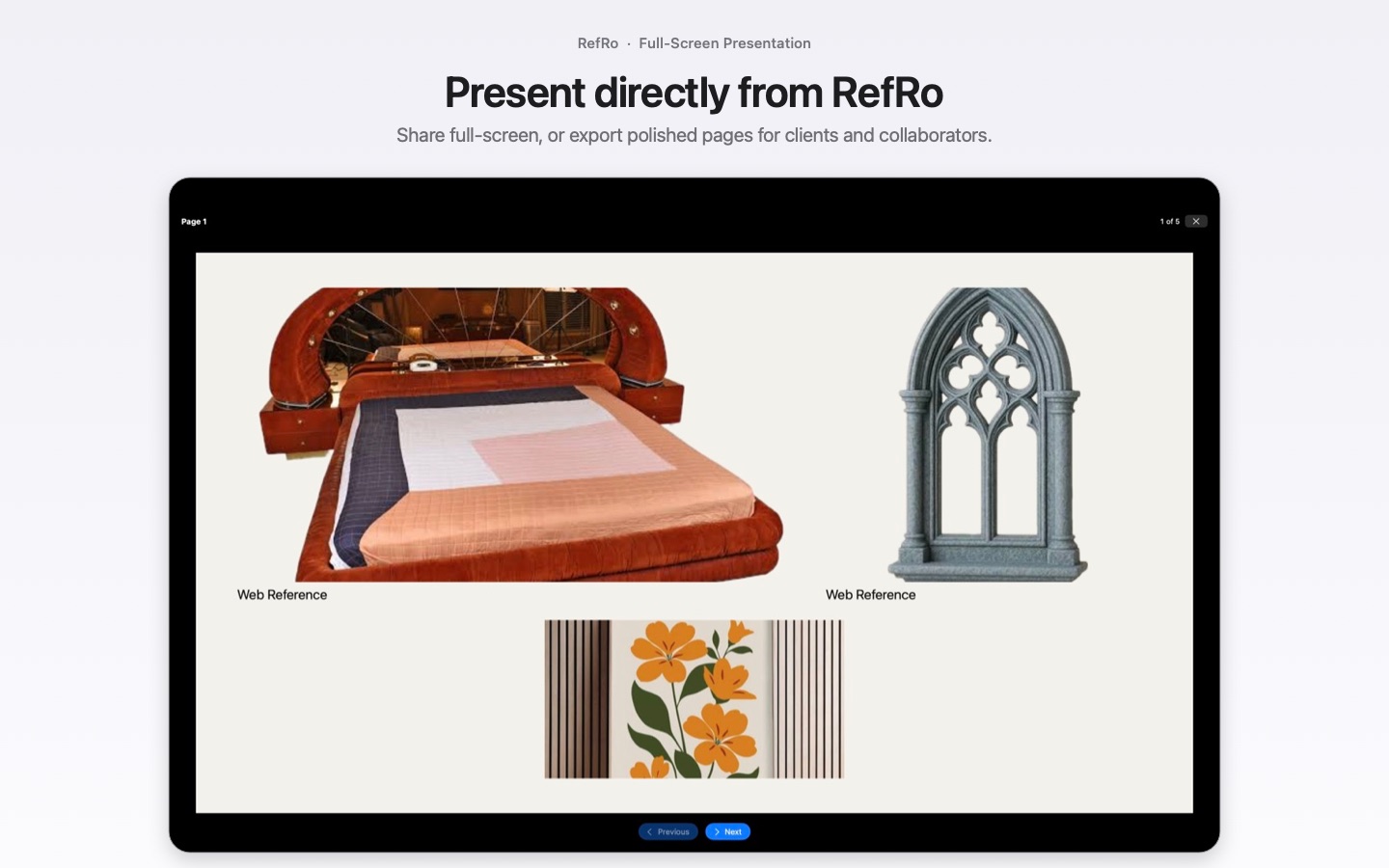 RefRo full-screen presentation view for sharing polished research pages.
