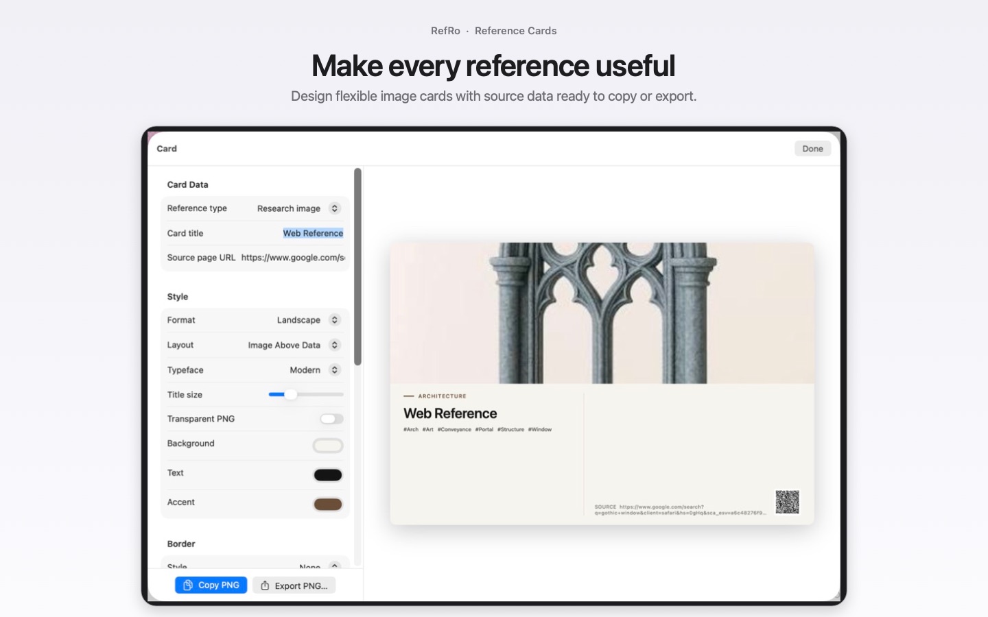 RefRo reference-card designer pairing an image with its source and project context.